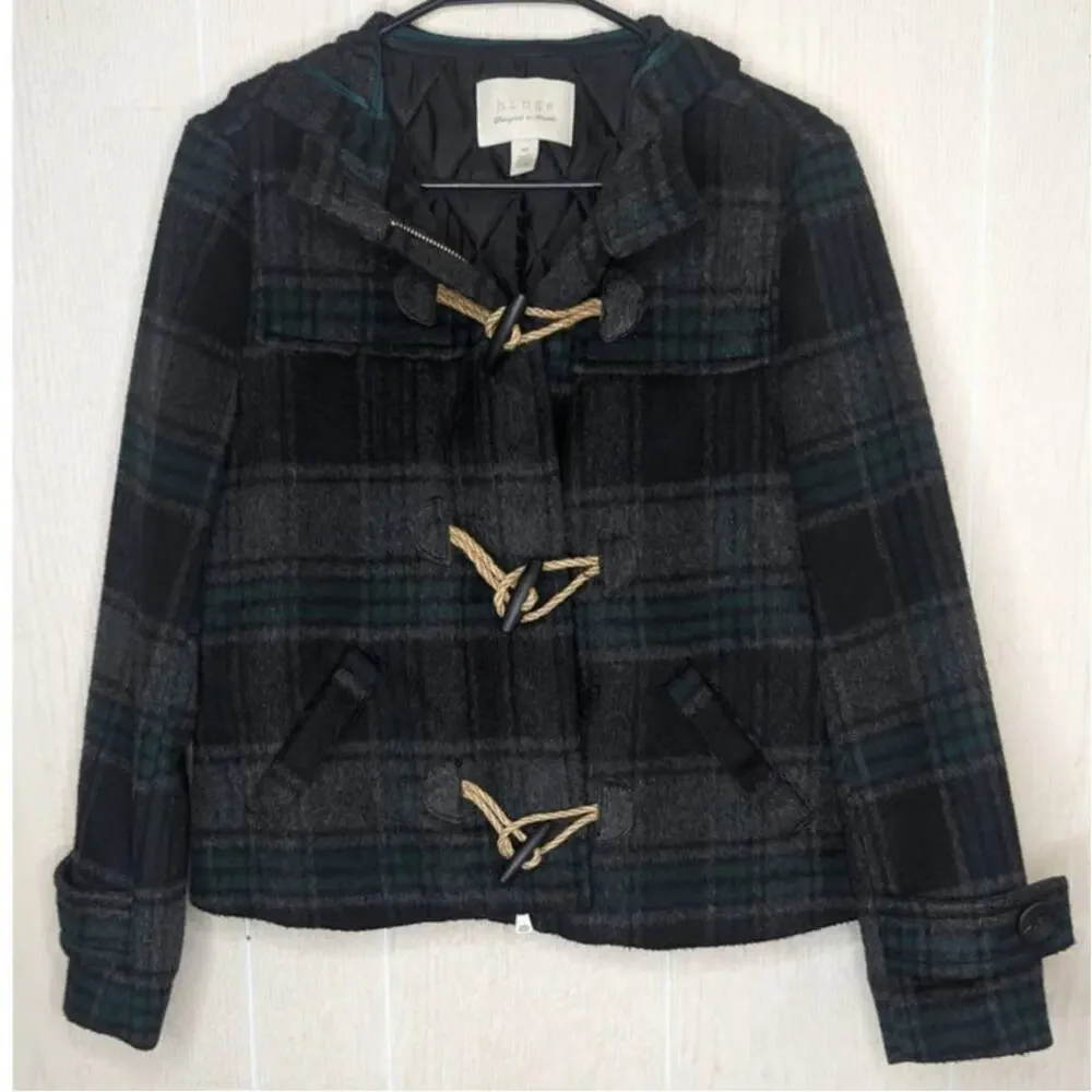 Hinge Wool Blend hooded jacket black green Tartan Plaid xsmall - Picture 5 of 13
